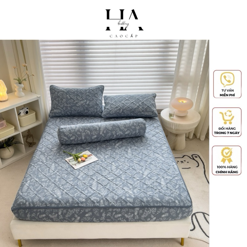 Bộ ga gối trần bông cotton đũi HA_bedding,set ga gối 4 món kèm gối ôm, chất liệu mềm mại thấm hút mồ