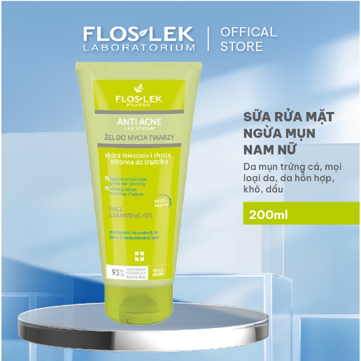 Sữa rửa mặt Floslek giảm dầu mụn, dịu nhẹ Antibacterial Face Cleansing Gel - FLOSLEK 200ml