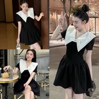Váy dự tiệc dáng xoè tay bồng phối cổ nhọn trắng, Đầm tiểu thư ôm body xoè đuôi cá tôn dáng đi chơi đám cưới sang chảnh