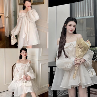 Váy Áo trễ vai thắt nơ tay bồng chất voan tơ dài tay công chúa, Đầm babydoll nữ hở vai xoè bồng bềnh tiểu thư hàn quốc