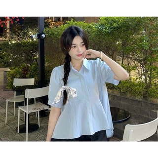 Áo Sơ Mi Nữ Form Rộng Xoè Tà Tay Ngắn Có Điểm Nhấn Eo Xinh Xắn Shop Tiến Linh