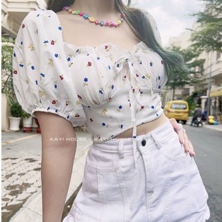 Áo Kiểu Tay Ngắn Croptop Cổ Vuông Tay Phồng Xinh Xắn Shop Tiến Linh