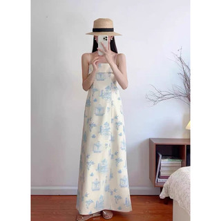 Váy liền dáng dài hoạ tiết xanh dương phong cách Vintage cao cấp