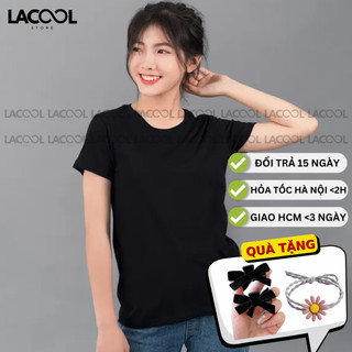 [Hàng xuất khẩu] Áo thun trơn nữ cổ tròn cộc tay dáng suông ôm cao cấp LACOOL, áo phông trơn nữ cotton trắng đen LA20