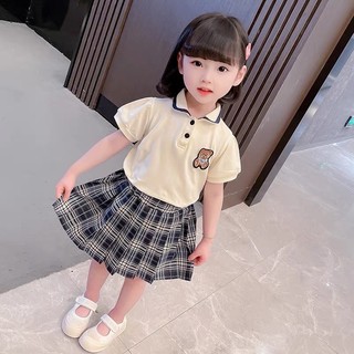 Sét áo gấu cổ tròn cv kẻ đen cho bé