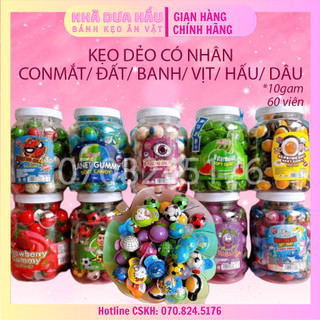 [Hủ 60viên] Kẹo dẻo CÓ NHÂN 10gam hình mắt / dưa hấu / dâu tây/ trái banh/ vịt/ panda cute