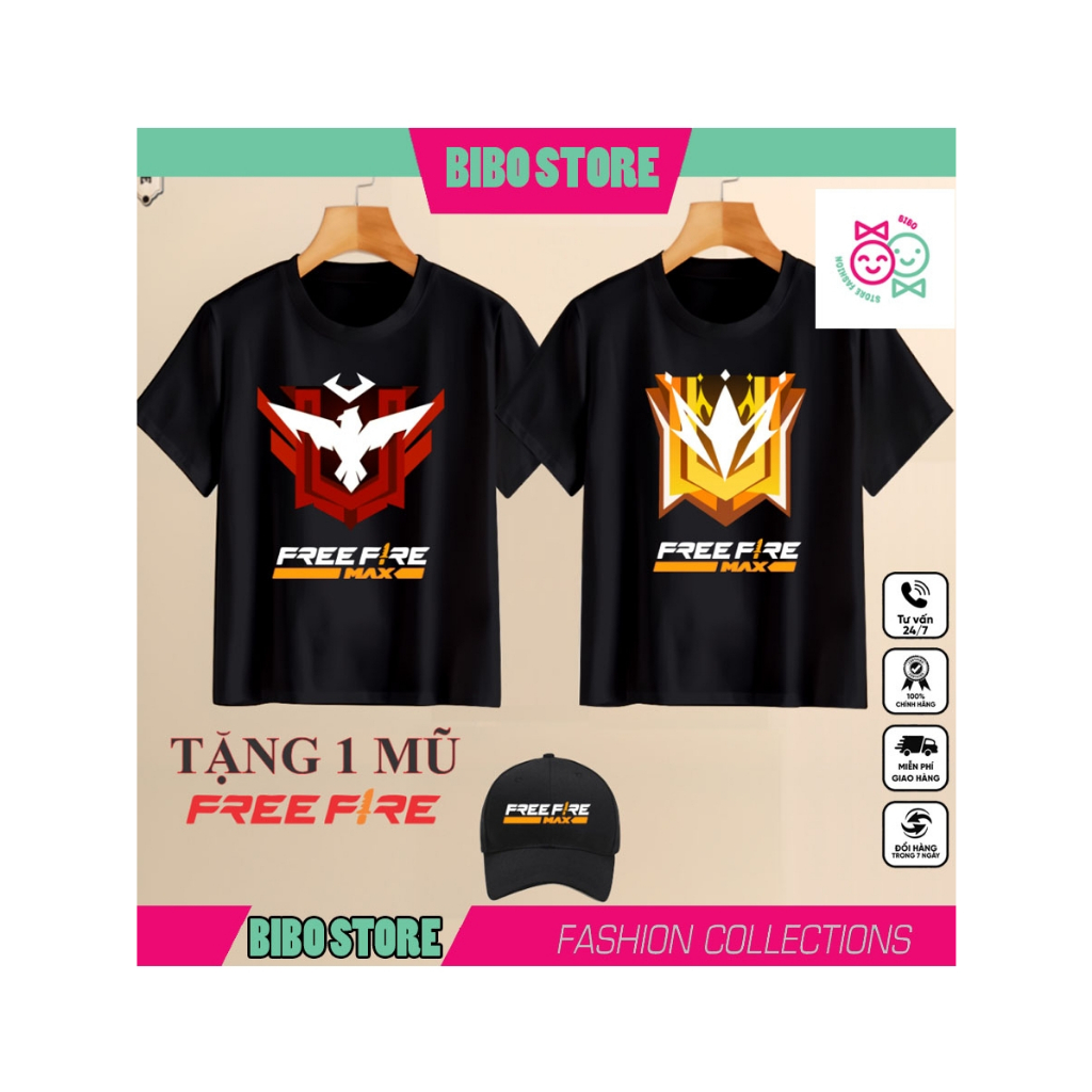 Áo Thun Đen Free Fire Max Tặng Mũ Free Fire Cực Chất Cho Bé Trai Bé Gái