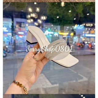 Dép nữ cao gót 5P QUAI NGANG 4 DÂY ĐÍNH HẠT mẫu mới siêu xinh