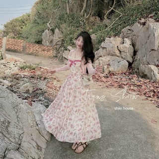 Đầm nữ mặc đi du lịch chất lụa in hoa thiết kế hai dây phối voan nơ ngực váy maxi dáng xoè kèm áo khoác thun gân mát