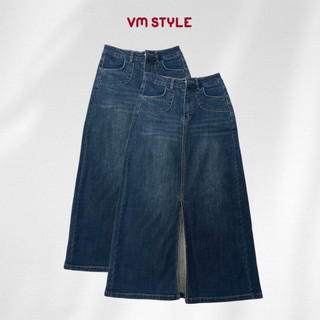 Chân váy jeans nữ VMSTYLE dáng dài form chữ A cạp cao túi kiểu xẻ trước basic đi học,đi làm CVJ00074