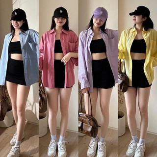 Áo Sơ Mi Thô Trơn Nữ Phối Túi Ngực Dài Tay Nhiều Màu Form Rộng, Labibi