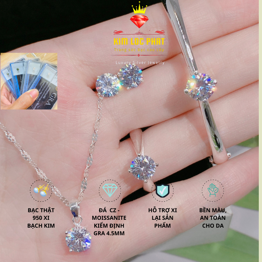 Combo nhẫn, Vòng, Bông tai, Dây chuyền và mặt dây chuyền nữ 4 chấu bạc xi bạch kim, Moissanite màu trắng, Đá moissanite