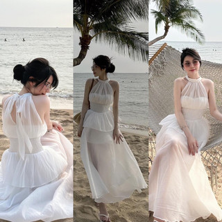 Set áo voan tơ nude cổ yếm smocking eo + chân váy midi xoè