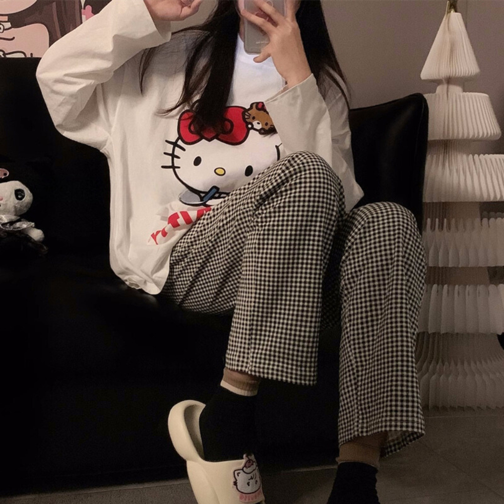 Set Đồ Bộ Dài mặc nhà hello kitty NEONVN - Đồ bộ mặc nhà hellokitty mặc nhà mặc ngủ siêu xinh