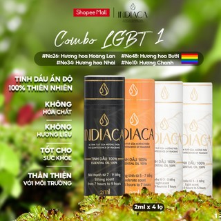 Combo 4 Lọ 2ml Tinh Dầu INDIACA Thiên Nhiên Nguyên Chất, Có Kiểm Nghiệm, Cao Cấp | LGBT 1