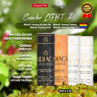 Combo 4 Lọ 2ml Tinh Dầu INDIACA Thiên Nhiên Nguyên Chất, Có Kiểm Nghiệm, Cao Cấp | LGBT 2