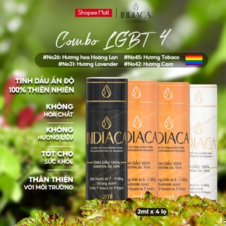 Combo 4 Lọ 2ml Tinh Dầu INDIACA Thiên Nhiên Nguyên Chất, Có Kiểm Nghiệm, Cao Cấp | LGBT 4