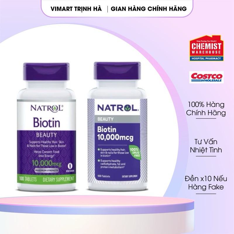 Viên uống mọc tóc Natrol Biotin 10000 mcg của Mỹ 100 viên giúp kích mọc tóc, giảm gãy rụng