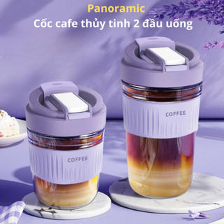 Ly cafe thủy tinh văn phòng, cốc uống nước có 2 đầu ống hút và miệng nắp mở 2 in 1 có lót silicon chống nóng PN-CCF102