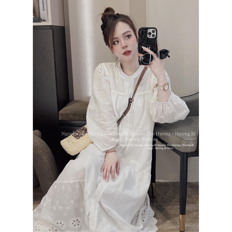 Váy maxi thô phối ren form dài rộng