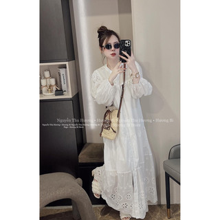 Váy maxi thô phối ren form dài rộng