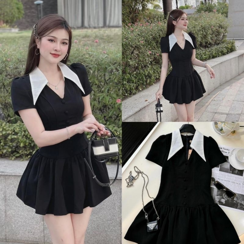 Váy Đầm Nữ Cổ Nhọn Phối Trắng Kèm Cúc Bọc Size S M - Halinh Shop