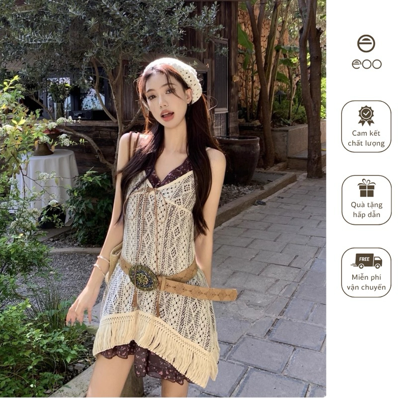 [Sẵn] Set váy hoa nhí áo lưới đi biển set đầm hoa nhí đầm lưới be thời thượng boho eooshop S08