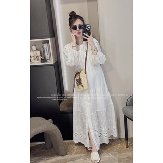 Váy maxi thô phối ren form dài rộng