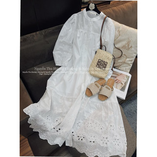 Váy maxi thô phối ren form dài rộng