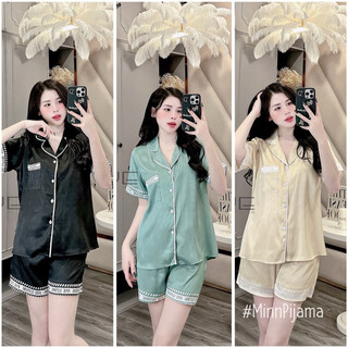 Đồ bộ nữ, Bộ Pijama Áo cộc-quần đùi LỤA XƯỚC ánh kim viền chữ, chất mềm cho nữ