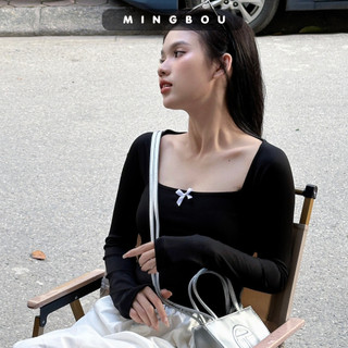 Áo thun nữ dài tay cổ vuông tay dài kèm nơ ngực chất liệu thun tăm Quảng Châu đẹp xịn - Ảnh thật MINGBOU