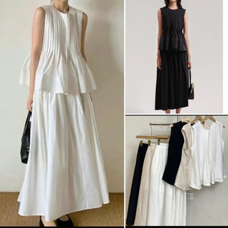 Set áo ba lỗ xếp ly kèm chân váy dài vintage