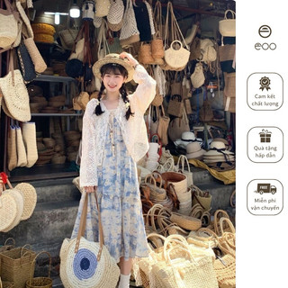 Set váy hoa nhí hai dây form rộng xanh dương kèm áo khoác lưới trắng tiểu thư boho eooshop
