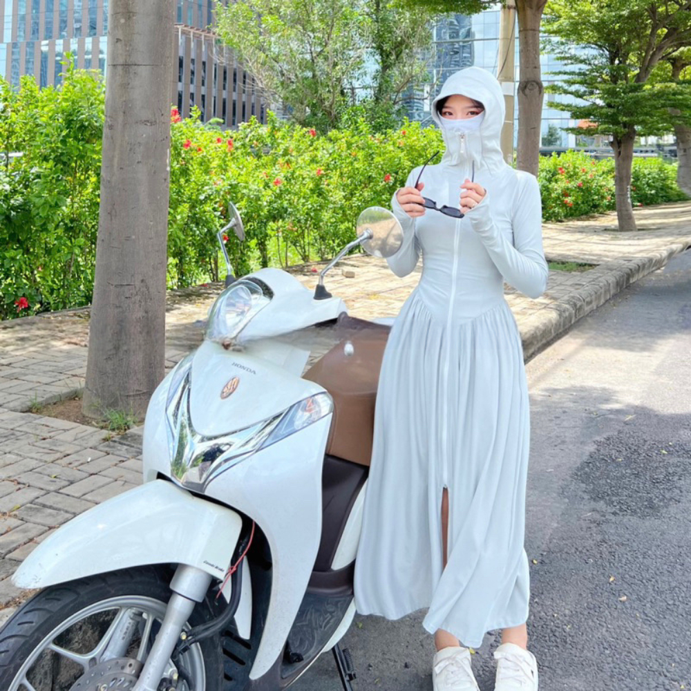 Váy chống nắng Áo chống nắng toàn thân Chất vải hạt xoàn chống tia UV thông thoáng co dãn Tà áo giả váy nhún eo tôn dáng | BigBuy360 - bigbuy360.vn