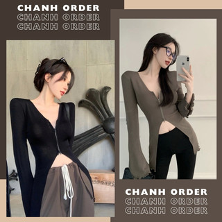 Áo Thun Dài Tay Khóa Kéo Cổ V Dáng Dài Phong Cách Hàn Quốc