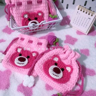 Túi dây rút handmade bằng len gấu dâu xinh xắn túi đựng đồ mini, túi đựng airpod