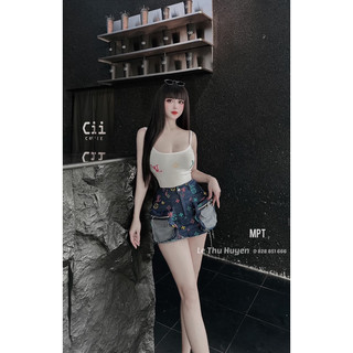 Set áo hai dây LV mix chân váy bò túi hộp