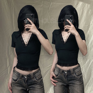 [AVN] Áo Cổ V Ren Y2K Punk Viền Ren Lửng Tay Ngắn