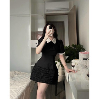 váy phối bèo ren , phối cổ dáng xoè cổ bẻ