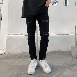 Quần jean nam rách gối vuông chất bò denim màu đen co giãn cực tốt ngầu dáng slimfit skinny đẹp giá rẻ chuyensiluxury