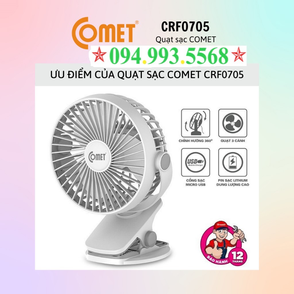 Quạt sạc quạt tích điện COMET Quạt kẹp bàn dành cho ô tô, văn phòng CRF 0705