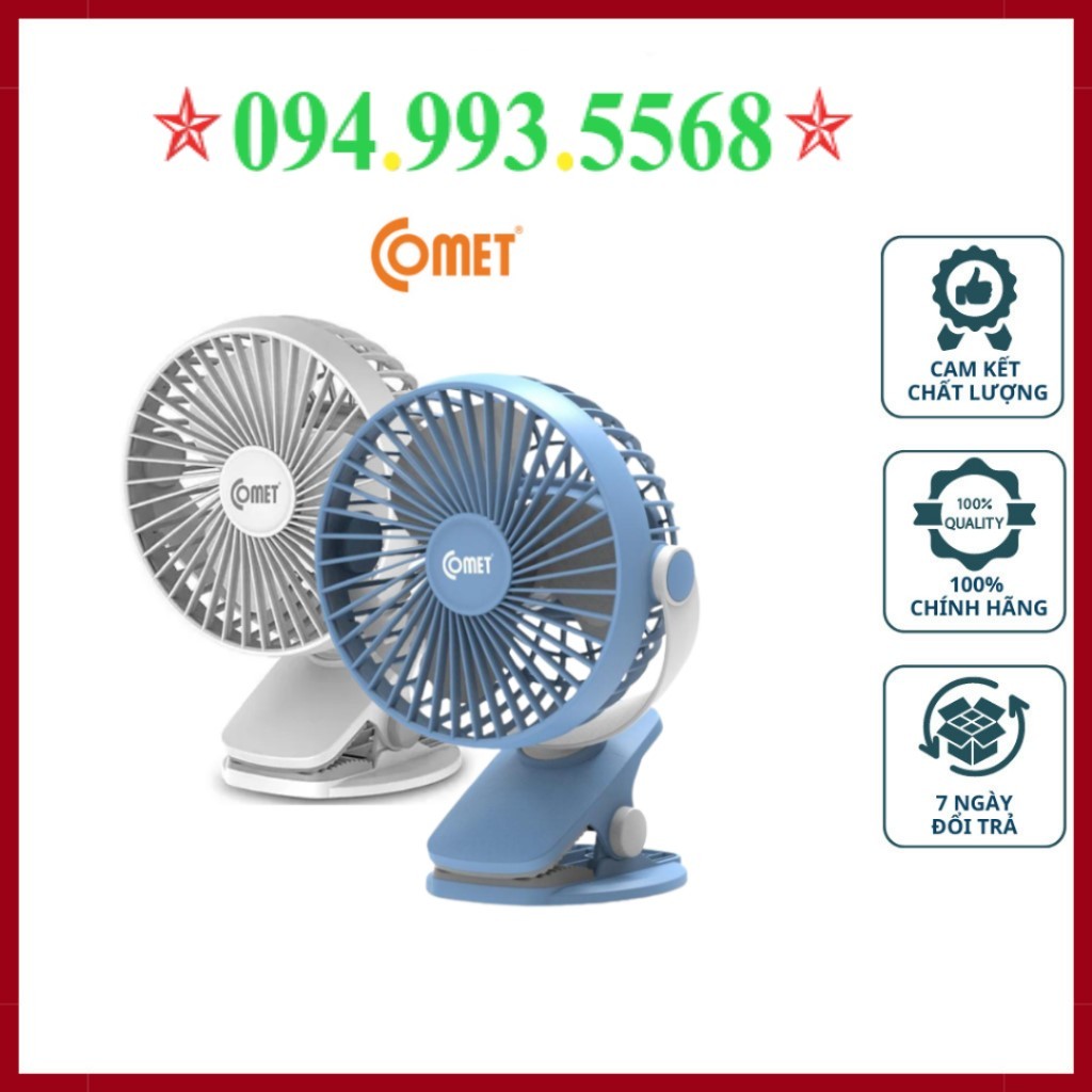 Quạt sạc tích điện Mini kẹp bàn đế Kẹp Hoặc để bàn Xoay 360 Độ Comet CRF 0705 5W