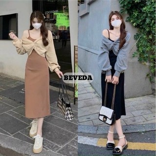 Đầm nữ thời trang thun gân có mút kèm khoác su mặc đi chơi nhẹ nhàng tiểu thư đầm dài 2 dây khoác ngoài tay dài