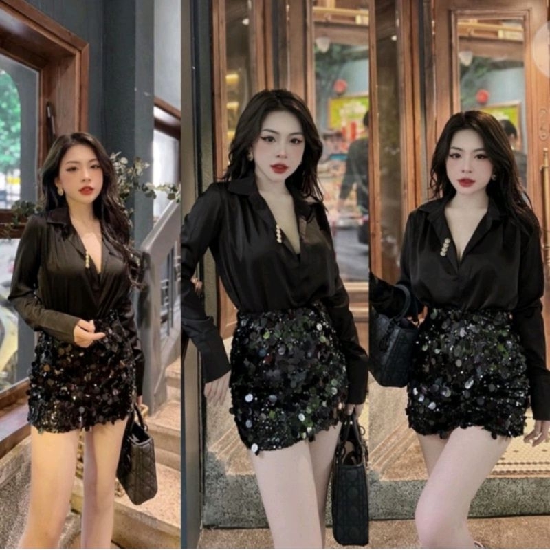 set áo lụa chân váy đính kim sa bling bling siêu sang