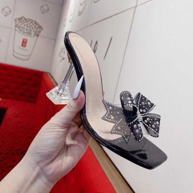 Guốc cao gót ly trong 9p quai mika gắn nơ cánh tiên 3 Màu Đen Đồng và Bạc | GiayXinhXinh.Store