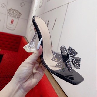 Guốc cao gót ly trong 9p quai mika gắn nơ cánh tiên 3 Màu Đen Đồng và Bạc | GiayXinhXinh.Store