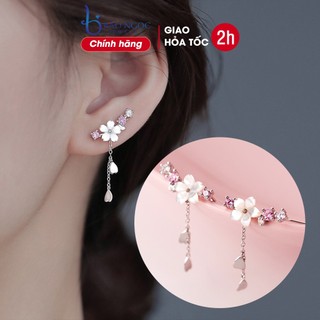 Khuyên tai bạc nữ dáng dài bạc ý s925 hình bông hoa 5 cánh đính đá sang trọng - B2630 - Bảo ngọc Jewelry
