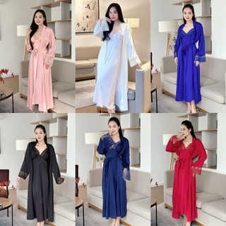  Set áo choàng kèm váy ngủ lụa 2 dây dáng dài phối ren lưới Nhật sang trọng đủ màu,đủ size Hantu Sleepwear 