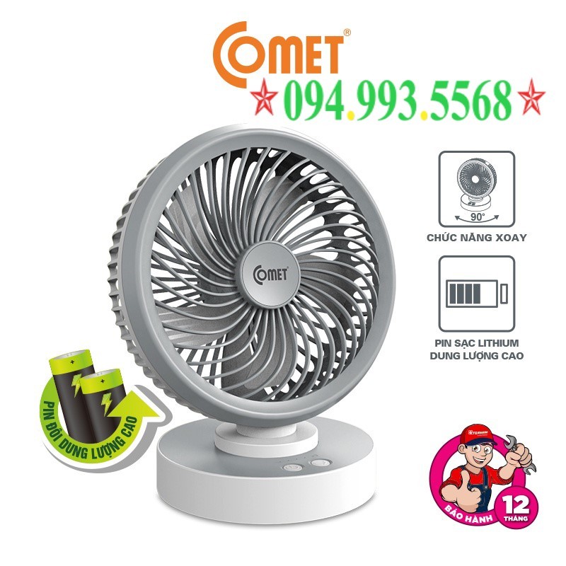 Quạt sạc tích điện để bàn COMET 7w xoay 90 độ 4 cấp gió 2 pin lithium 1200mAh BH 12 tháng CRF 1506