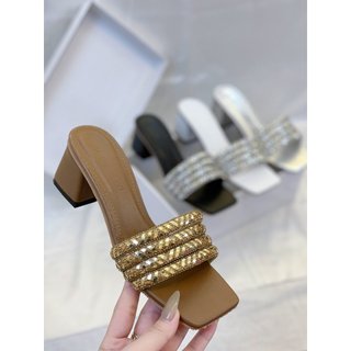 Guốc, dép cao gót 5p quai bản ngang xoàn đá lót phối nhung mềm êm chân